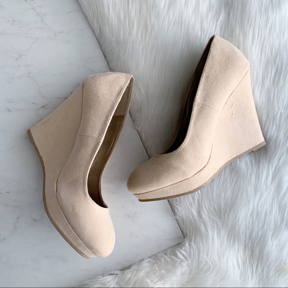 Qupid Shoes - Qupid • Cream/Tan Faux Suede Wedges